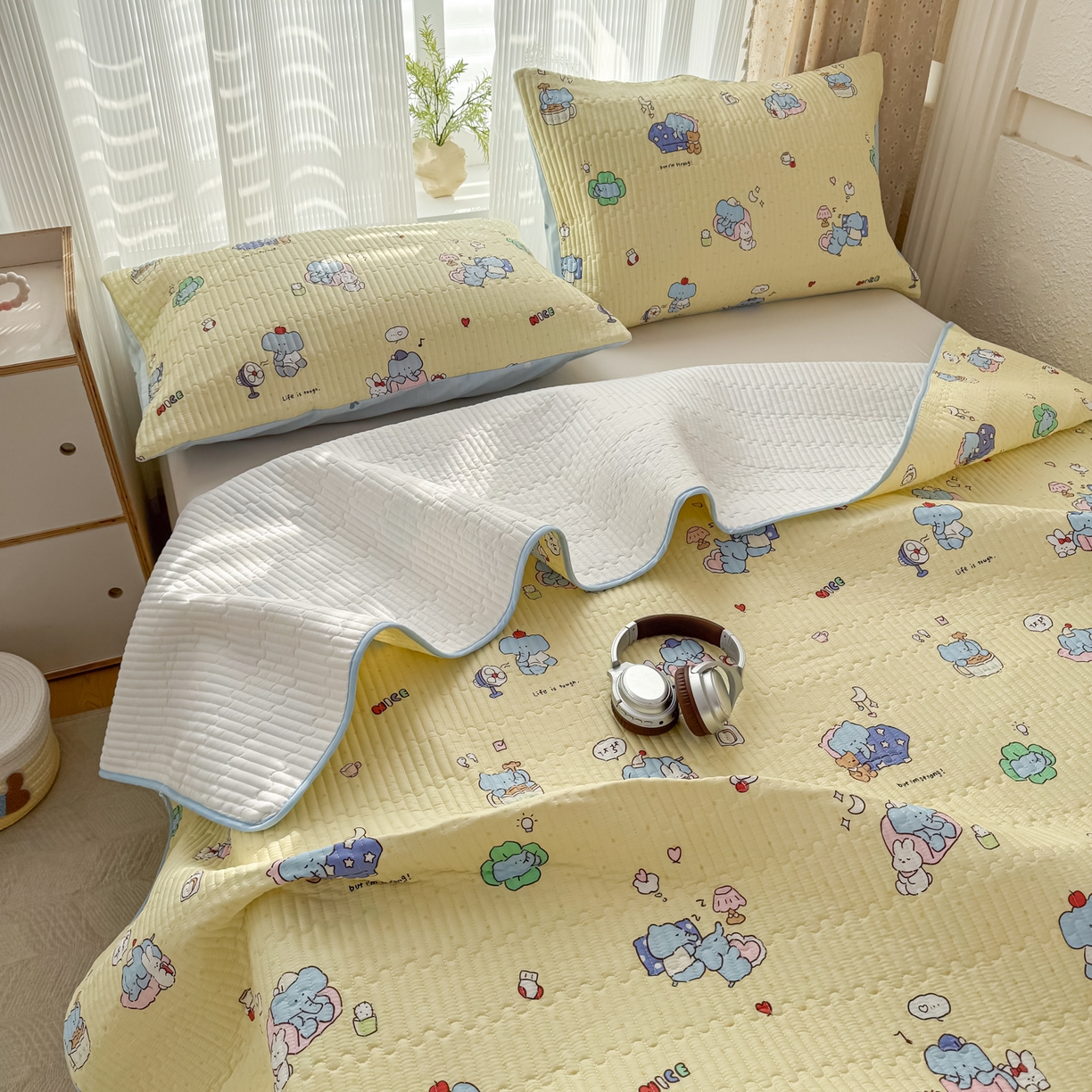 91家纺网 家纺一手货源 找家纺 KA家纺 2026春夏新款小清新全棉纯棉印花床盖三件套-第一波 笨笨象