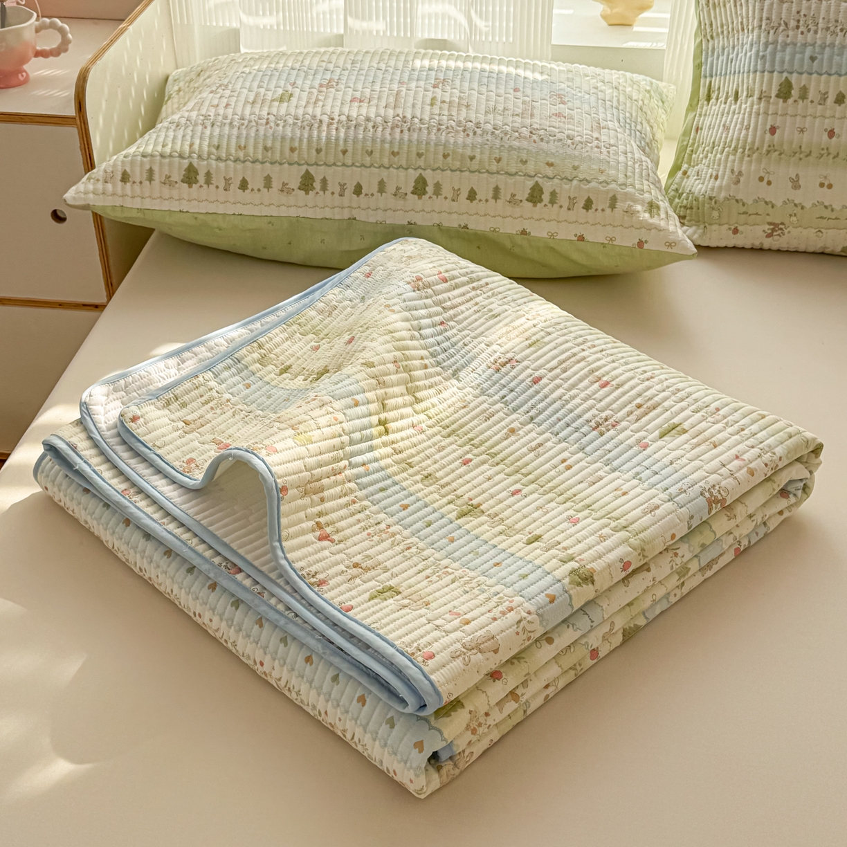 91家纺网 家纺一手货源 找家纺 KA家纺 2026春夏新款小清新全棉纯棉印花床盖三件套-第一波 田园小兔