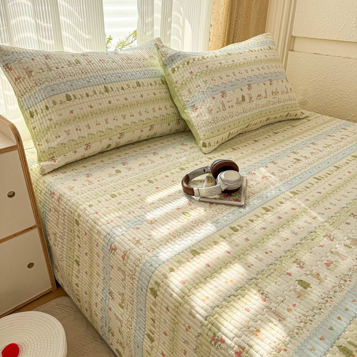 91家纺网 家纺一手货源 找家纺 KA家纺 2026春夏新款小清新全棉纯棉印花床盖三件套-第一波 田园小兔