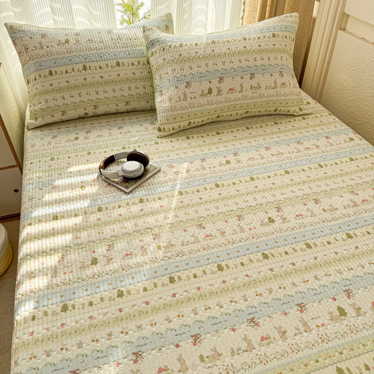 91家纺网 家纺一手货源 找家纺 KA家纺 2026春夏新款小清新全棉纯棉印花床盖三件套-第一波 田园小兔