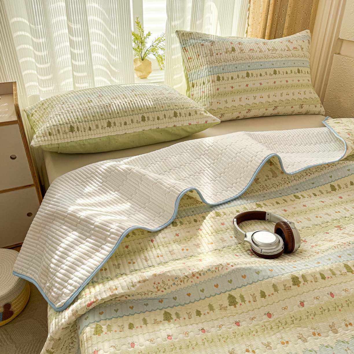 91家纺网 家纺一手货源 找家纺 KA家纺 2026春夏新款小清新全棉纯棉印花床盖三件套-第一波 田园小兔