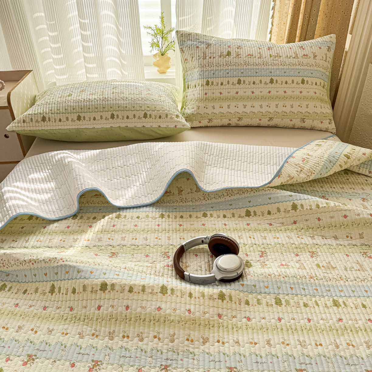 91家纺网 家纺一手货源 找家纺 KA家纺 2026春夏新款小清新全棉纯棉印花床盖三件套-第一波 田园小兔