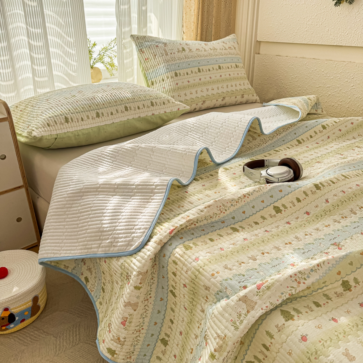 91家纺网 家纺一手货源 找家纺 KA家纺 2026春夏新款小清新全棉纯棉印花床盖三件套-第一波 田园小兔