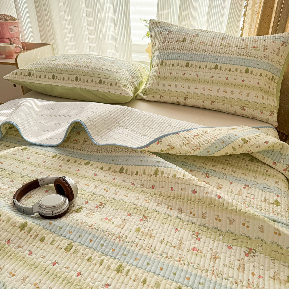 91家纺网 家纺一手货源 找家纺 KA家纺 2026春夏新款小清新全棉纯棉印花床盖三件套-第一波 田园小兔