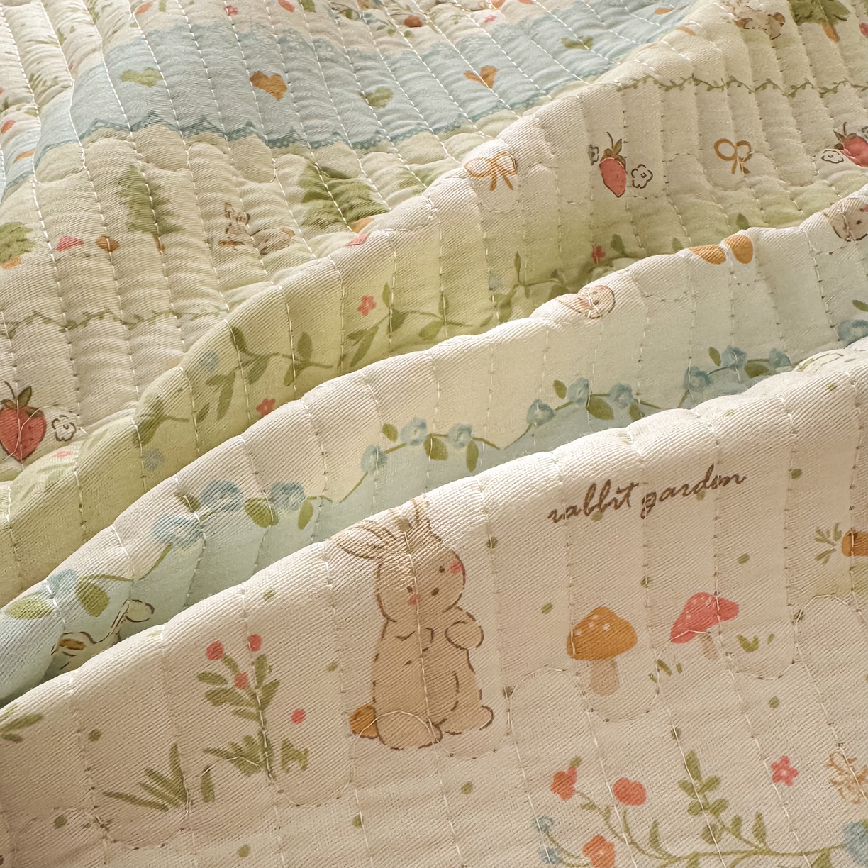 91家纺网 家纺一手货源 找家纺 KA家纺 2026春夏新款小清新全棉纯棉印花床盖三件套-第一波 田园小兔