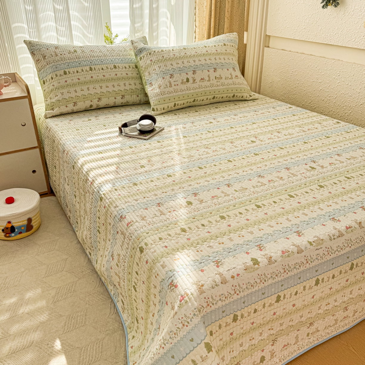 91家纺网 家纺一手货源 找家纺 KA家纺 2026春夏新款小清新全棉纯棉印花床盖三件套-第一波 田园小兔