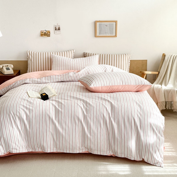 91家纺网 家纺一手货源 找家纺 合欢（原天一阁） 2026新款100%全棉纯棉13372简约时尚四件套 条纹粉