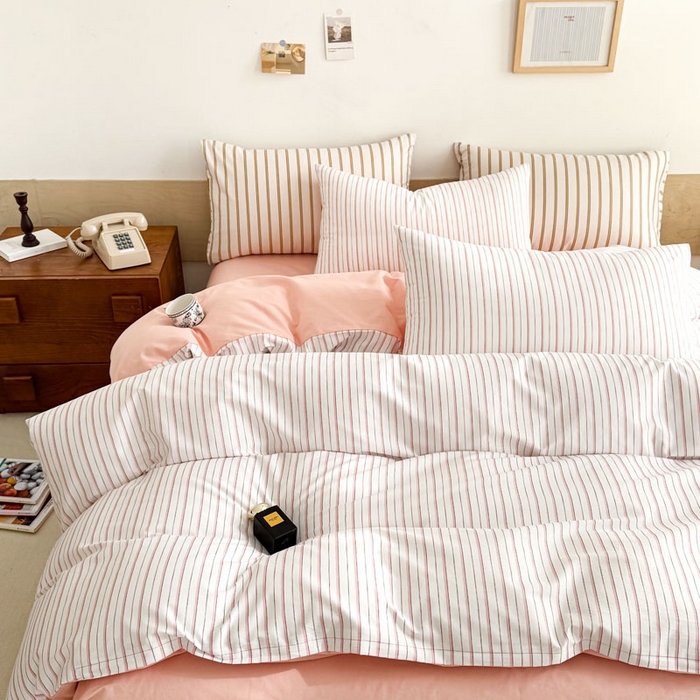 91家纺网 家纺一手货源 找家纺 合欢（原天一阁） 2026新款100%全棉纯棉13372简约时尚四件套 条纹粉