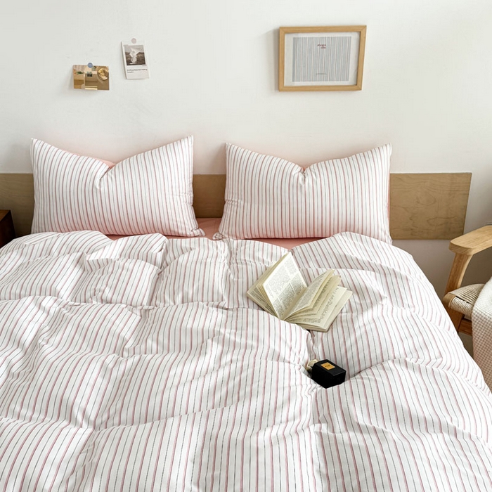 91家纺网 家纺一手货源 找家纺 合欢（原天一阁） 2026新款100%全棉纯棉13372简约时尚四件套 条纹粉