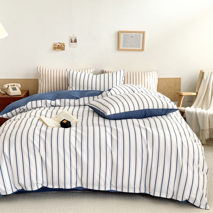 91家纺网 家纺一手货源 找家纺 合欢（原天一阁） 2026新款100%全棉纯棉13372简约时尚四件套 条纹蓝