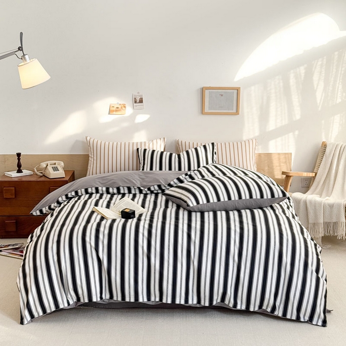 91家纺网 家纺一手货源 找家纺 合欢（原天一阁） 2026新款100%全棉纯棉13372简约时尚四件套 条纹黑