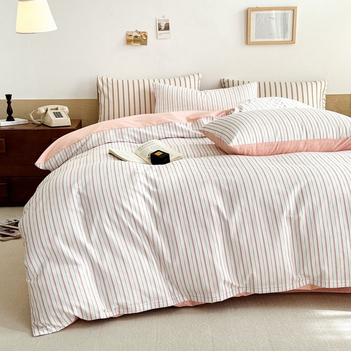 91家纺网 家纺一手货源 找家纺 合欢（原天一阁） 2026新款100%全棉纯棉13372简约时尚四件套 条纹粉