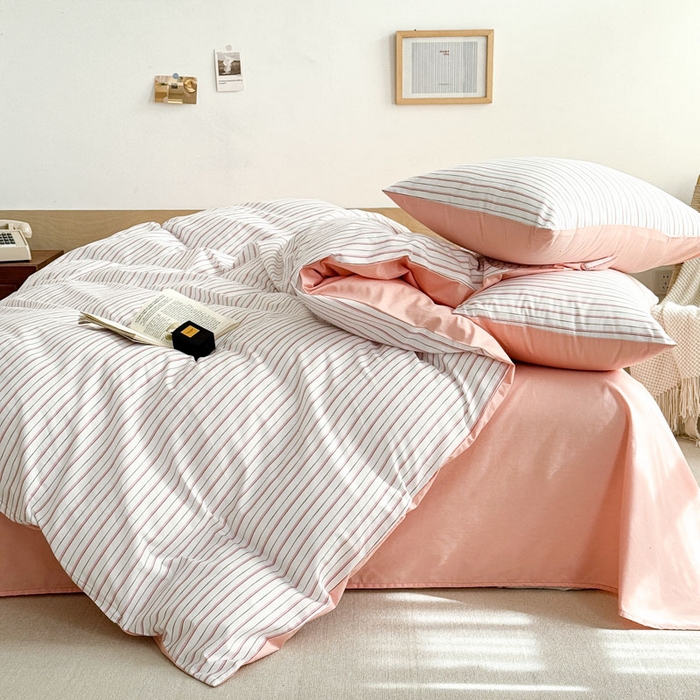 91家纺网 家纺一手货源 找家纺 合欢（原天一阁） 2026新款100%全棉纯棉13372简约时尚四件套 条纹粉