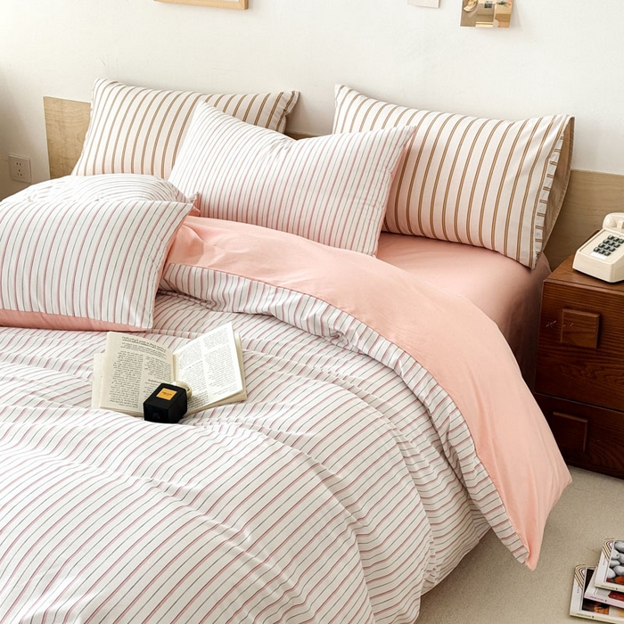 91家纺网 家纺一手货源 找家纺 合欢（原天一阁） 2026新款100%全棉纯棉13372简约时尚四件套 条纹粉