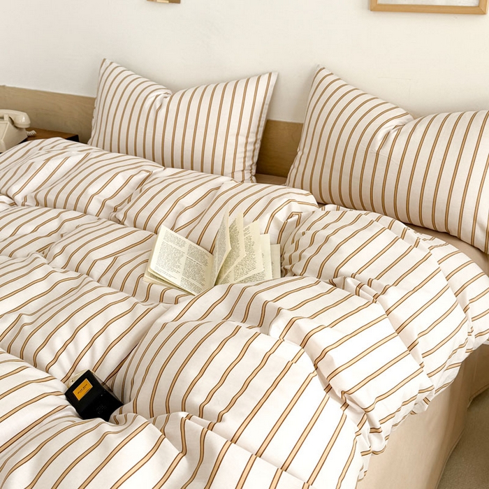 91家纺网 家纺一手货源 找家纺 合欢（原天一阁） 2026新款100%全棉纯棉13372简约时尚四件套 条纹卡其