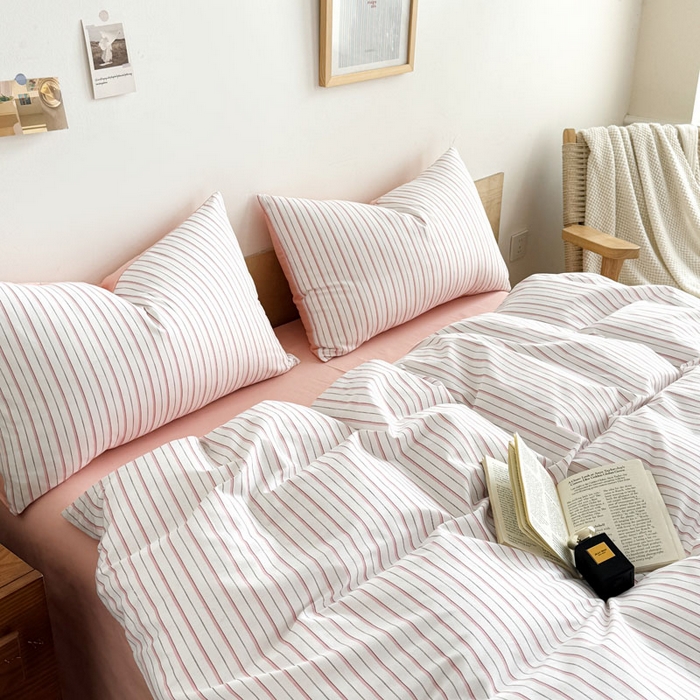 91家纺网 家纺一手货源 找家纺 合欢（原天一阁） 2026新款100%全棉纯棉13372简约时尚四件套 条纹粉