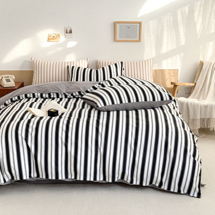 91家纺网 家纺一手货源 找家纺 合欢（原天一阁） 2026新款100%全棉纯棉13372简约时尚四件套 条纹黑