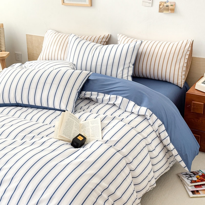 91家纺网 家纺一手货源 找家纺 合欢（原天一阁） 2026新款100%全棉纯棉13372简约时尚四件套 条纹蓝