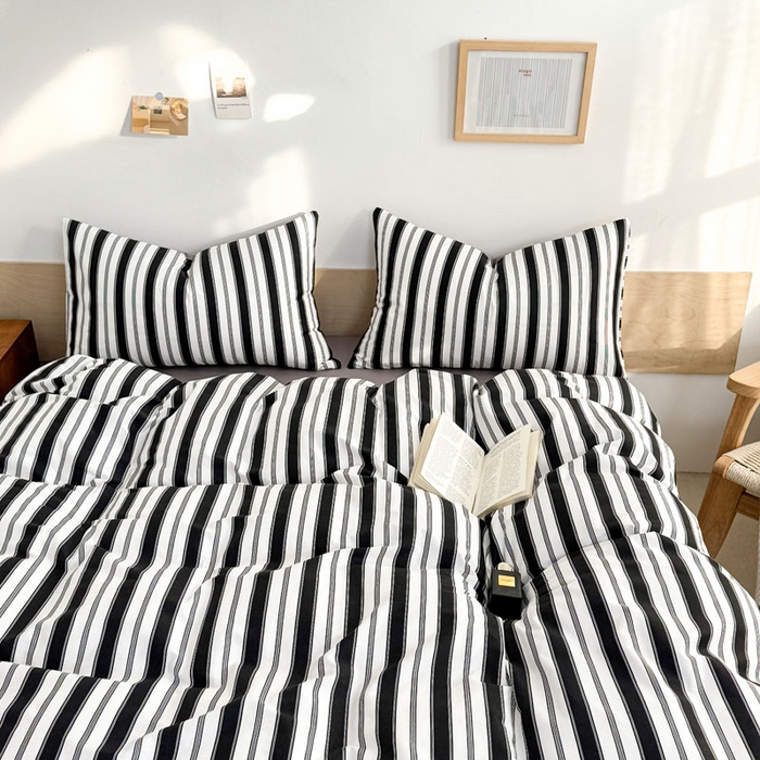 91家纺网 家纺一手货源 找家纺 合欢（原天一阁） 2026新款100%全棉纯棉13372简约时尚四件套 条纹黑