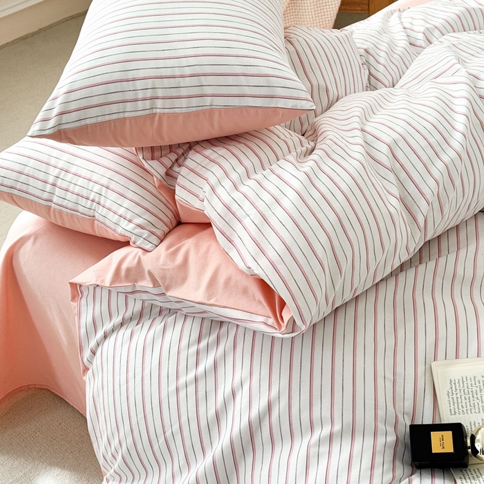 91家纺网 家纺一手货源 找家纺 合欢（原天一阁） 2026新款100%全棉纯棉13372简约时尚四件套 条纹粉