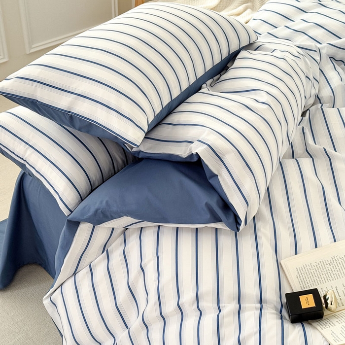 91家纺网 家纺一手货源 找家纺 合欢（原天一阁） 2026新款100%全棉纯棉13372简约时尚四件套 条纹蓝