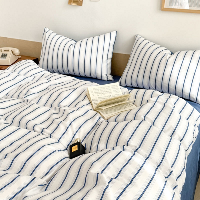 91家纺网 家纺一手货源 找家纺 合欢（原天一阁） 2026新款100%全棉纯棉13372简约时尚四件套 条纹蓝