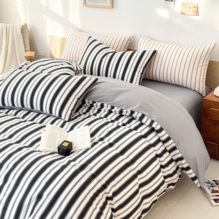 91家纺网 家纺一手货源 找家纺 合欢（原天一阁） 2026新款100%全棉纯棉13372简约时尚四件套 条纹黑