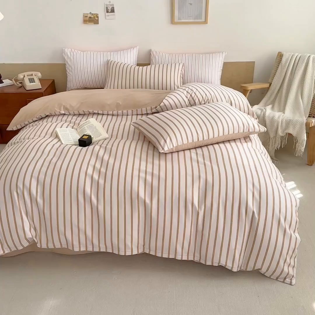 91家纺网 家纺一手货源 找家纺 合欢（原天一阁） 2026新款100%全棉纯棉13372简约时尚四件套 条纹卡其