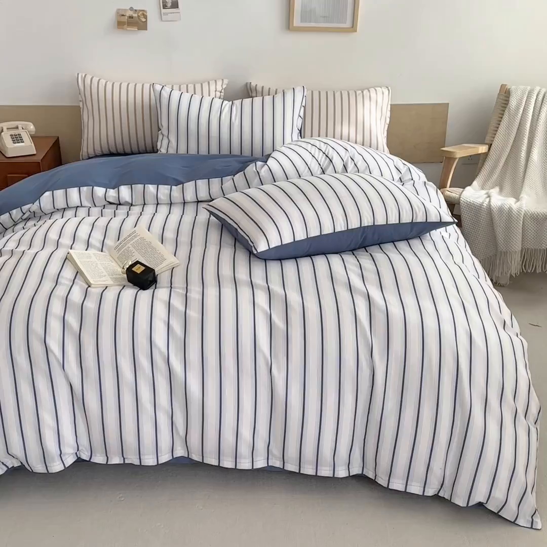 91家纺网 家纺一手货源 找家纺 合欢（原天一阁） 2026新款100%全棉纯棉13372简约时尚四件套 条纹蓝