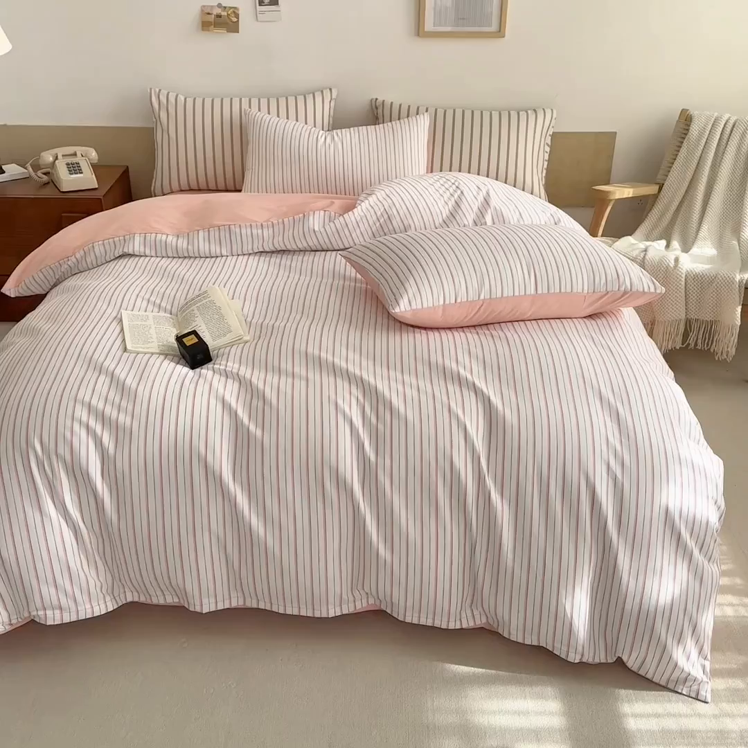 91家纺网 家纺一手货源 找家纺 合欢（原天一阁） 2026新款100%全棉纯棉13372简约时尚四件套 条纹粉