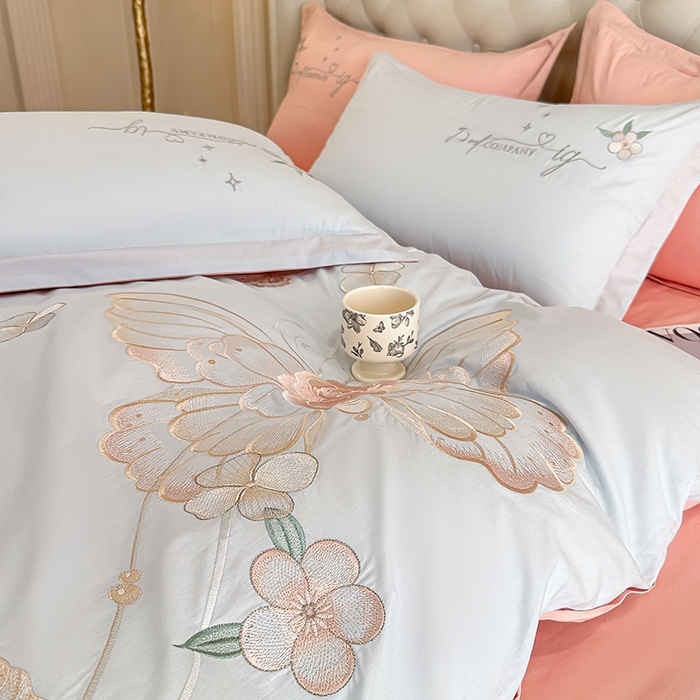 91家纺网 家纺一手货源 找家纺 合欢（原天一阁） 2026新款100%纯棉全棉长绒棉刺绣绣花高端礼盒装四件套 凤飞舞-蓝+粉