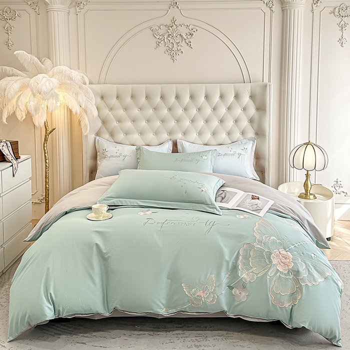 91家纺网 家纺一手货源 找家纺 合欢（原天一阁） 2026新款100%纯棉全棉长绒棉刺绣绣花高端礼盒装四件套 凤飞舞-绿+灰