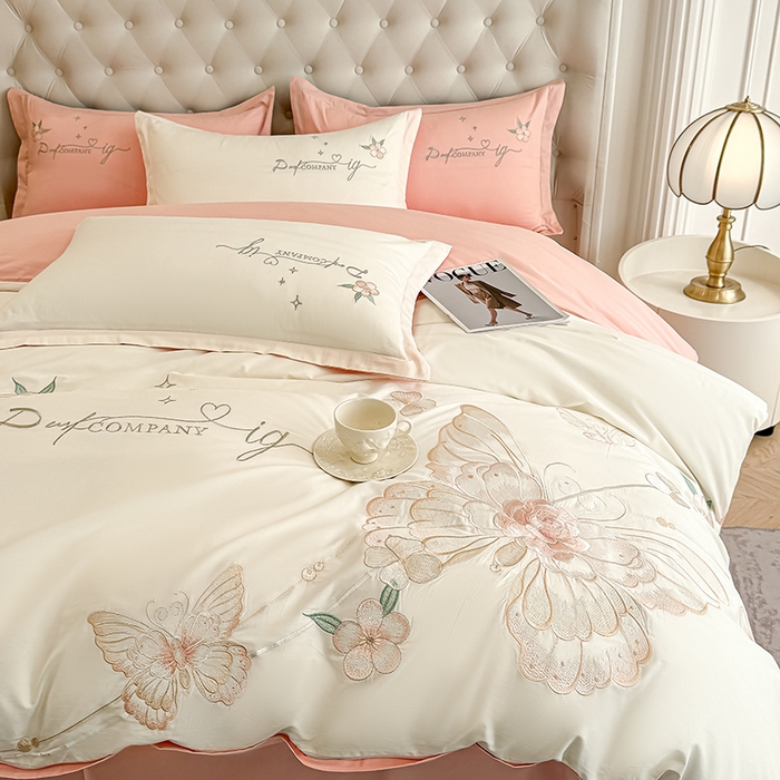 91家纺网 家纺一手货源 找家纺 合欢（原天一阁） 2026新款100%纯棉全棉长绒棉刺绣绣花高端礼盒装四件套 凤飞舞-白+粉