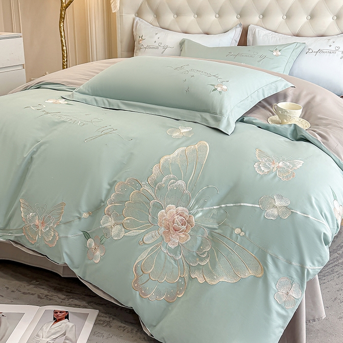 91家纺网 家纺一手货源 找家纺 合欢（原天一阁） 2026新款100%纯棉全棉长绒棉刺绣绣花高端礼盒装四件套 凤飞舞-绿+灰