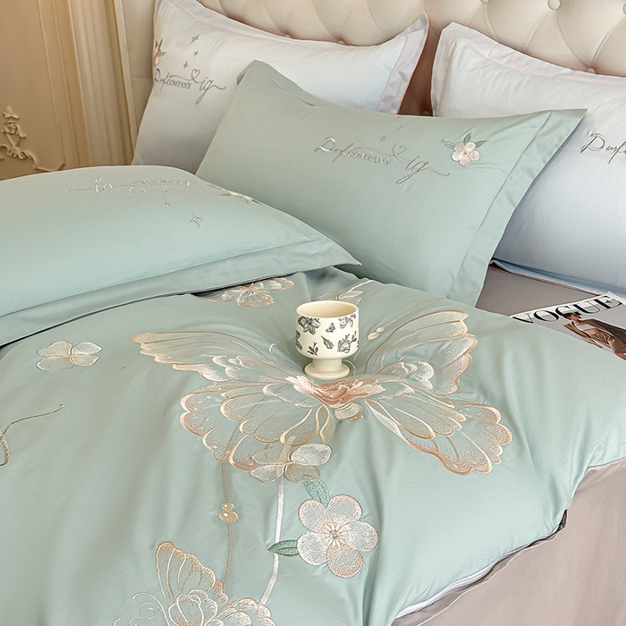 91家纺网 家纺一手货源 找家纺 合欢（原天一阁） 2026新款100%纯棉全棉长绒棉刺绣绣花高端礼盒装四件套 凤飞舞-绿+灰