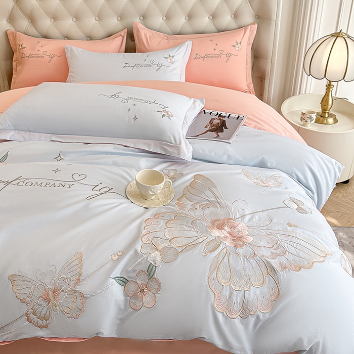 91家纺网 家纺一手货源 找家纺 合欢（原天一阁） 2026新款100%纯棉全棉长绒棉刺绣绣花高端礼盒装四件套 凤飞舞-蓝+粉