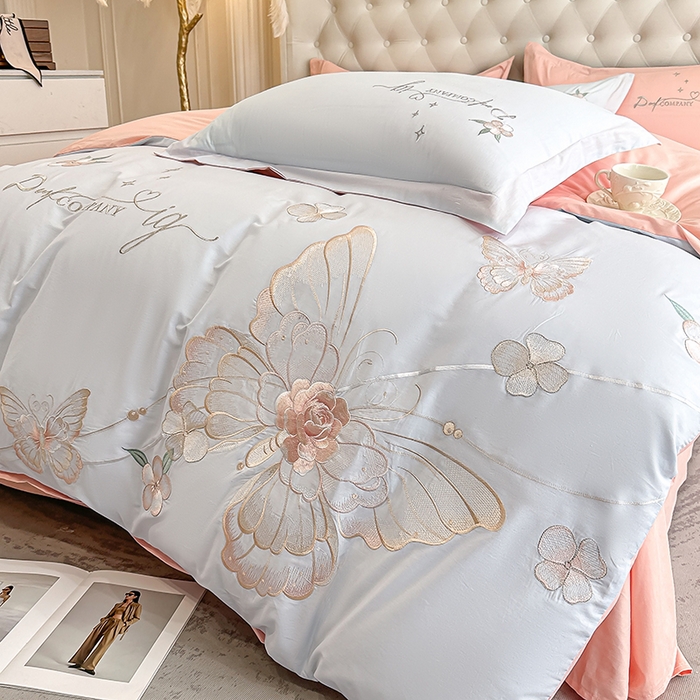 91家纺网 家纺一手货源 找家纺 合欢（原天一阁） 2026新款100%纯棉全棉长绒棉刺绣绣花高端礼盒装四件套 凤飞舞-蓝+粉