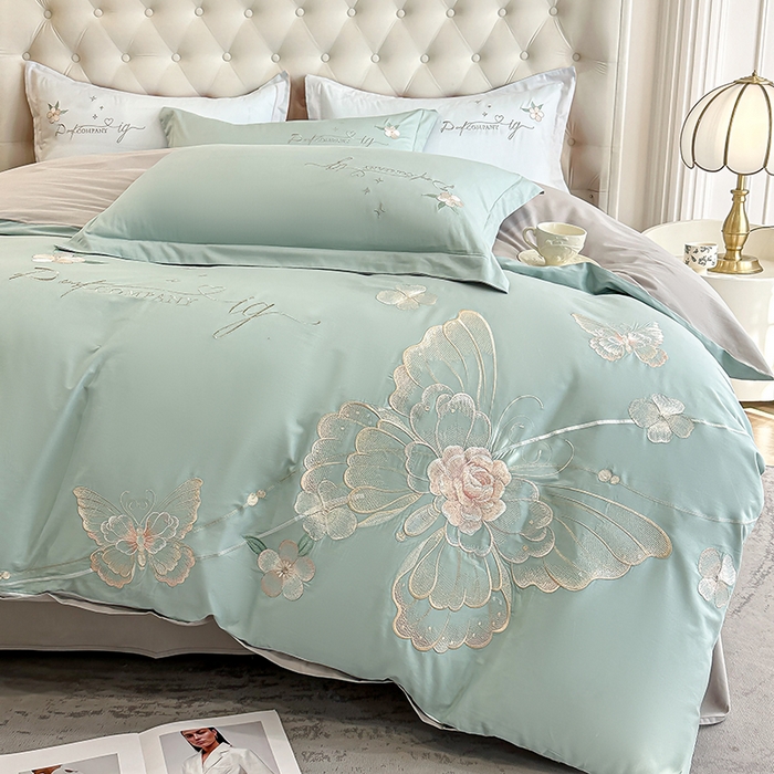 91家纺网 家纺一手货源 找家纺 合欢（原天一阁） 2026新款100%纯棉全棉长绒棉刺绣绣花高端礼盒装四件套 凤飞舞-绿+灰