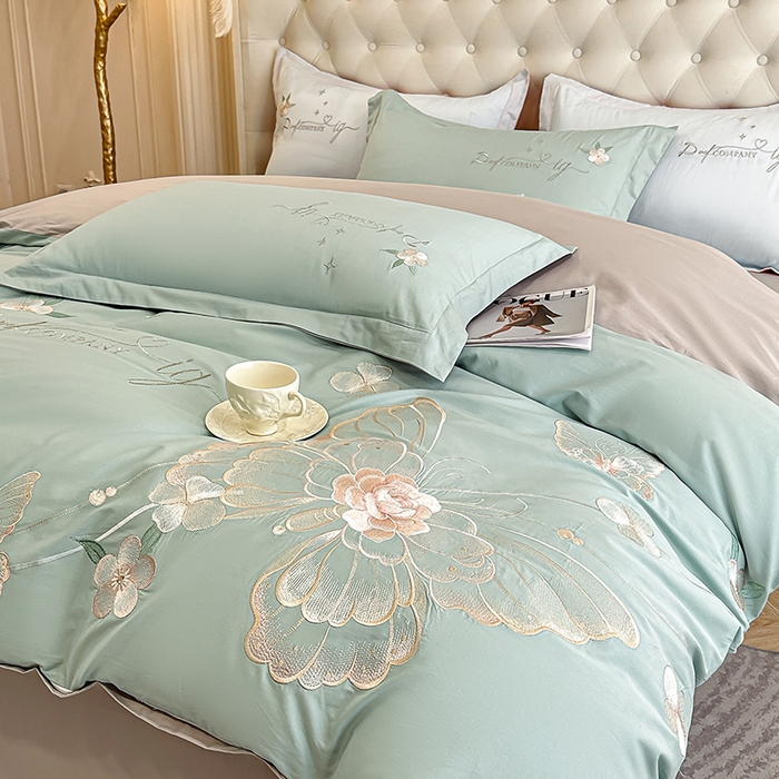 91家纺网 家纺一手货源 找家纺 合欢（原天一阁） 2026新款100%纯棉全棉长绒棉刺绣绣花高端礼盒装四件套 凤飞舞-绿+灰