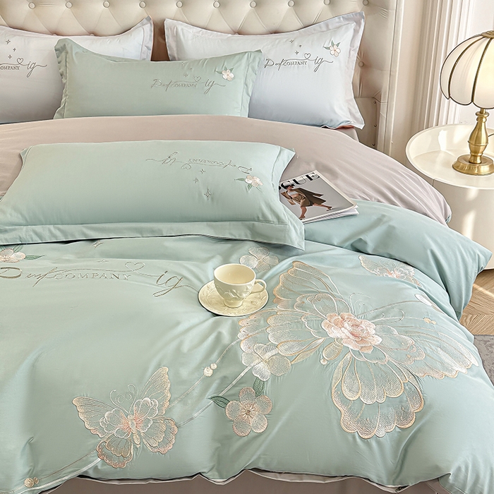 91家纺网 家纺一手货源 找家纺 合欢（原天一阁） 2026新款100%纯棉全棉长绒棉刺绣绣花高端礼盒装四件套 凤飞舞-绿+灰