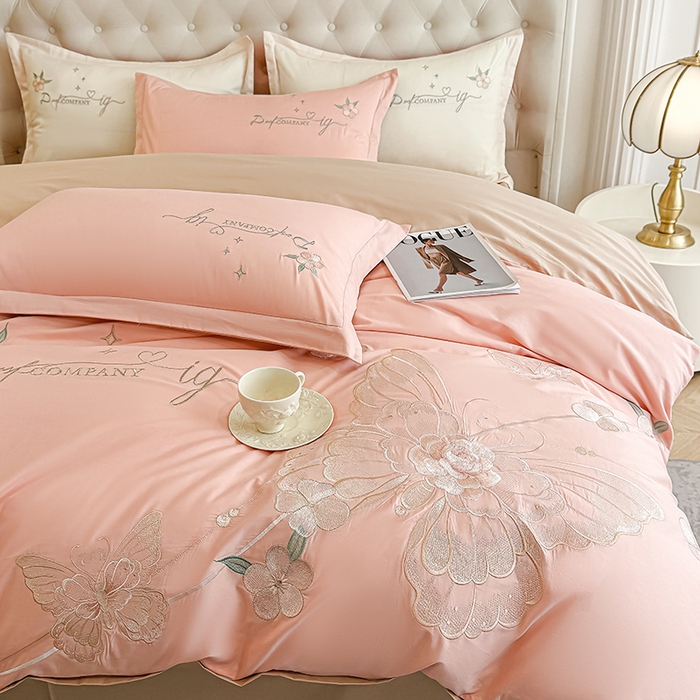 91家纺网 家纺一手货源 找家纺 合欢（原天一阁） 2026新款100%纯棉全棉长绒棉刺绣绣花高端礼盒装四件套 凤飞舞-粉+卡其