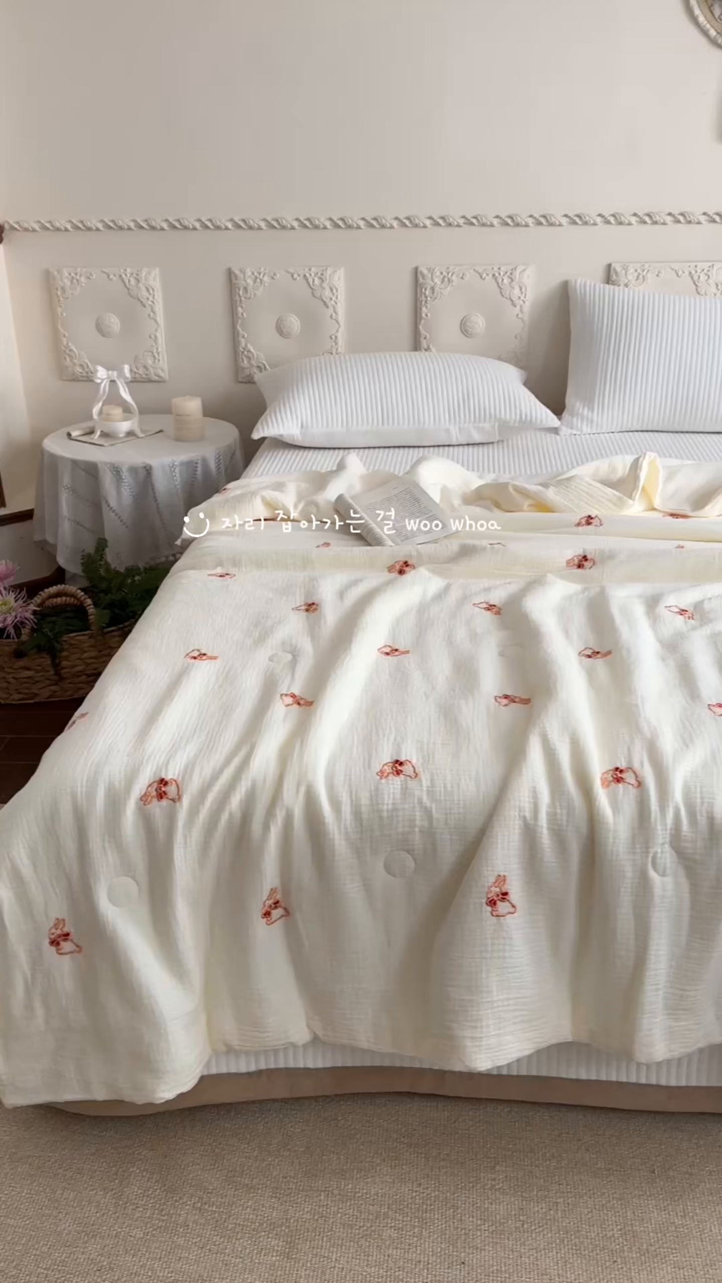 91家纺网 家纺一手货源 找家纺 木楌家居 2026新款全棉皱皱纱刺绣款夏被床盖四件套 领结兔