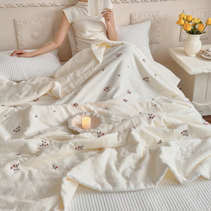 木楌家居 2026新款全棉皱皱纱刺绣款夏被床盖四件套 小玫瑰