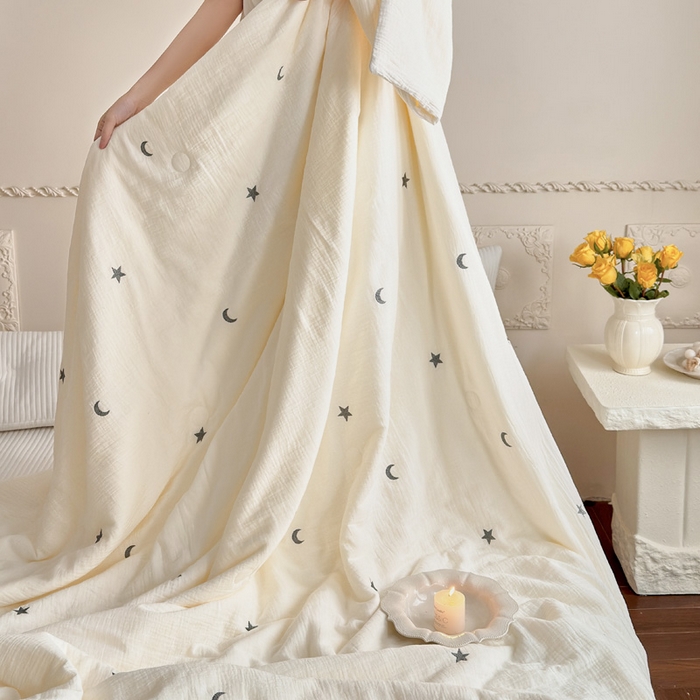 91家纺网 家纺一手货源 找家纺 木楌家居 2026新款全棉皱皱纱刺绣款夏被床盖四件套 星眠