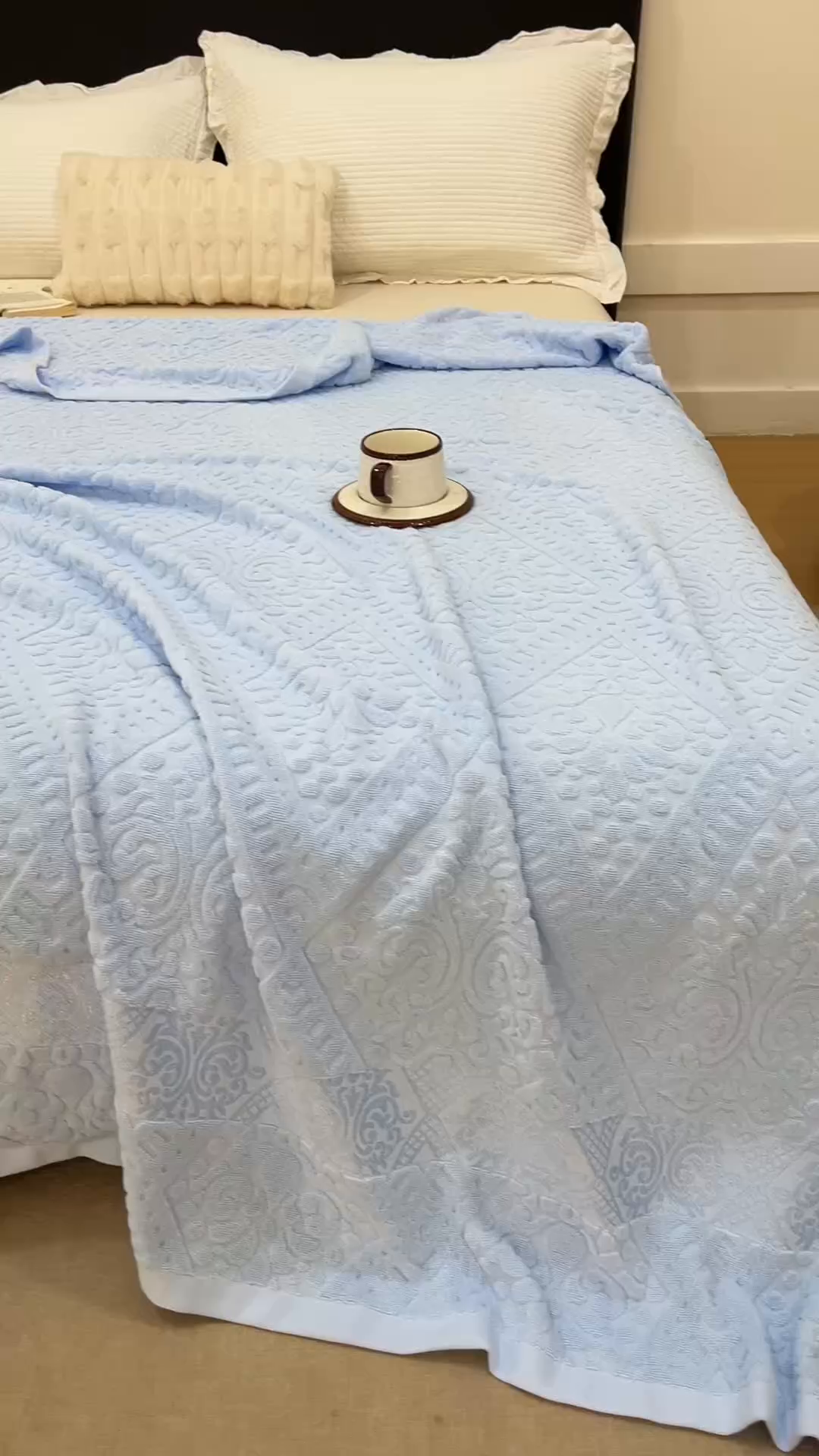 91家纺网 家纺一手货源 找家纺 悦然毛巾被 2026春夏新款全棉老式毛巾被夏凉被夏被 菱纹浅蓝