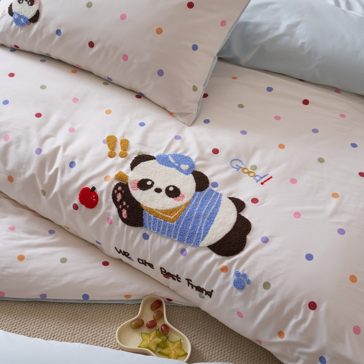 91家纺网 家纺一手货源 找家纺 久典家居 2026新款A类50S双股100支全棉纯棉贡缎长绒棉数码印花毛巾绣四件套 熊猫