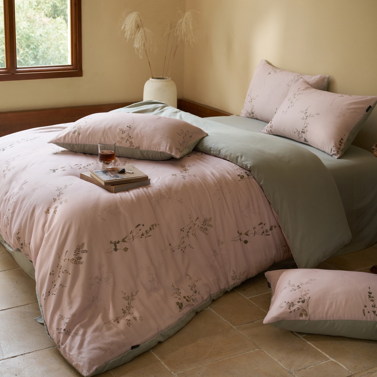 91家纺网 家纺一手货源 找家纺 久典家居 2026新款A类全棉纯棉数码印花天丝棉双层纱四件套 锦韵-绿