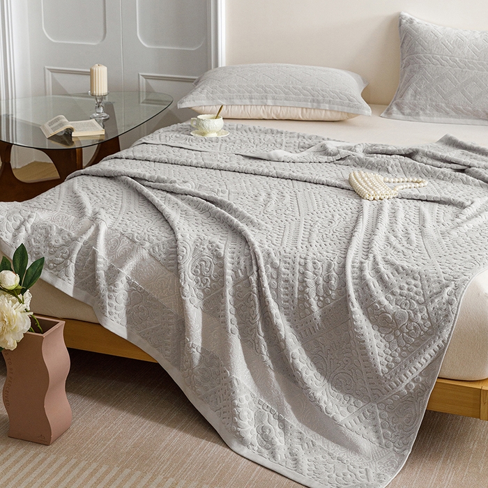 91家纺网 家纺一手货源 找家纺 悦然毛巾被 2026春夏新款全棉老式毛巾被夏凉被夏被 菱纹浅灰