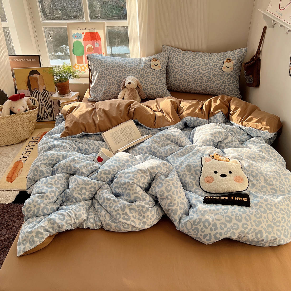 91家纺网 家纺一手货源 找家纺 初夏家纺 2026 毛巾绣四件套A类仿棉105g 卡通可爱【提供买家秀】 毛巾绣-豹纹咖啡