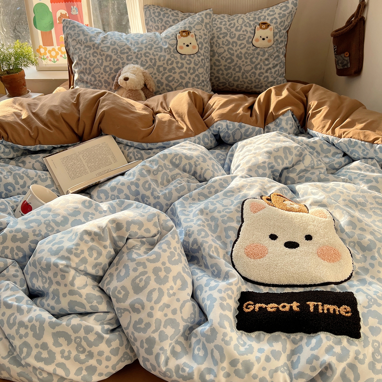 91家纺网 家纺一手货源 找家纺 初夏家纺 2026 毛巾绣四件套A类仿棉105g 卡通可爱【提供买家秀】 毛巾绣-豹纹咖啡